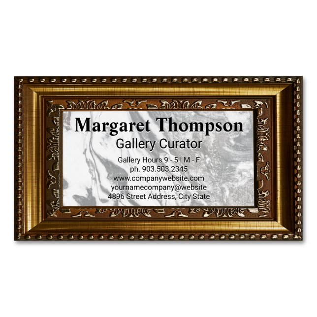 Black White Marble | Gold Decorative Frame Magnetic Business Card (Front)