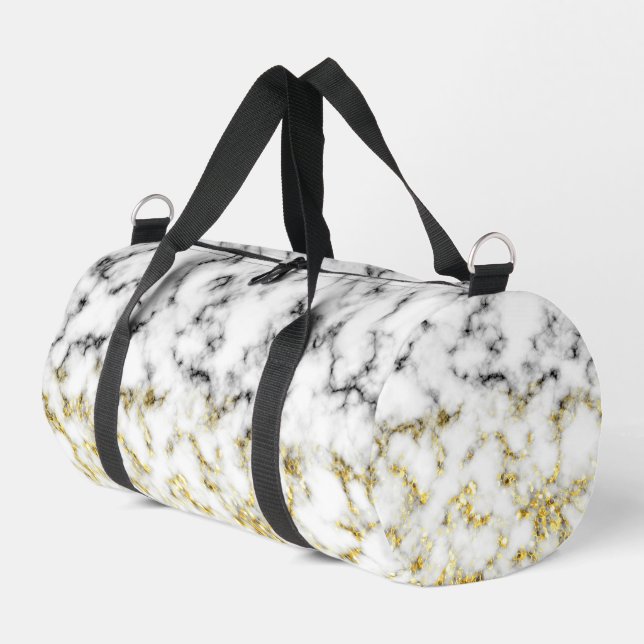 Black white marble gold faux sparkle bling duffle bag (Left Corner)