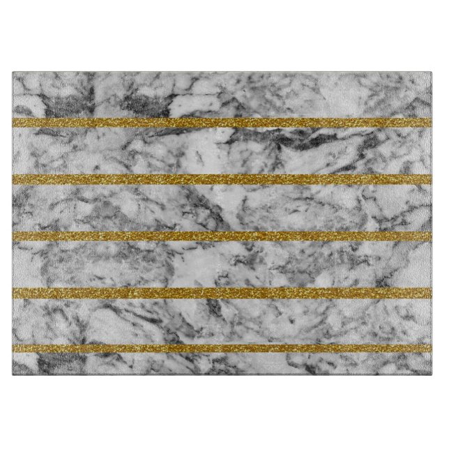 Black white marble gold glitter effect stripes cutting board (Front)