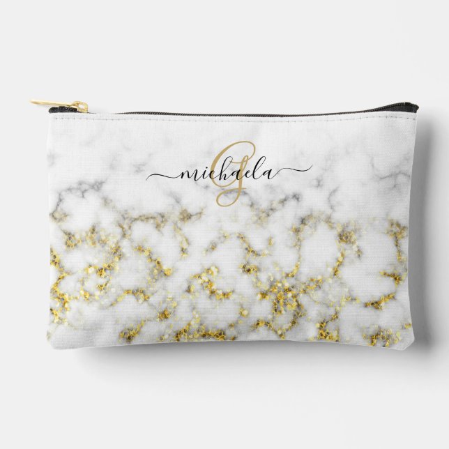 Black white marble gold sparkle bling Monogram Accessory Pouch (Front)