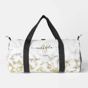 Black white marble gold sparkle bling Monogram Duffle Bag