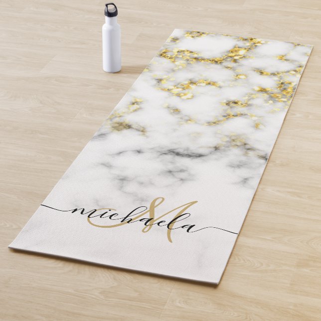 Black white marble gold sparkle bling Monogram Yoga Mat (In Situ)