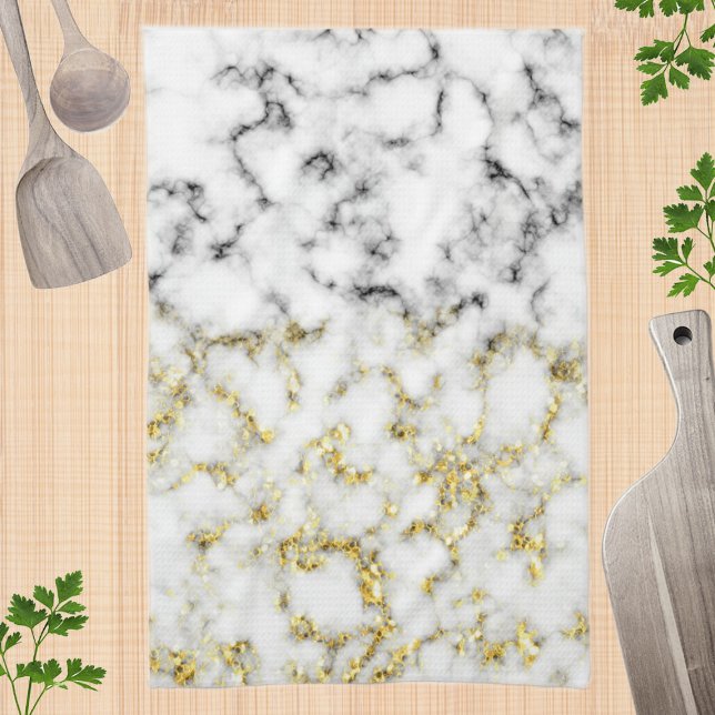 Black white marble gold sparkle flakes texture tea towel (Creator Uploaded)