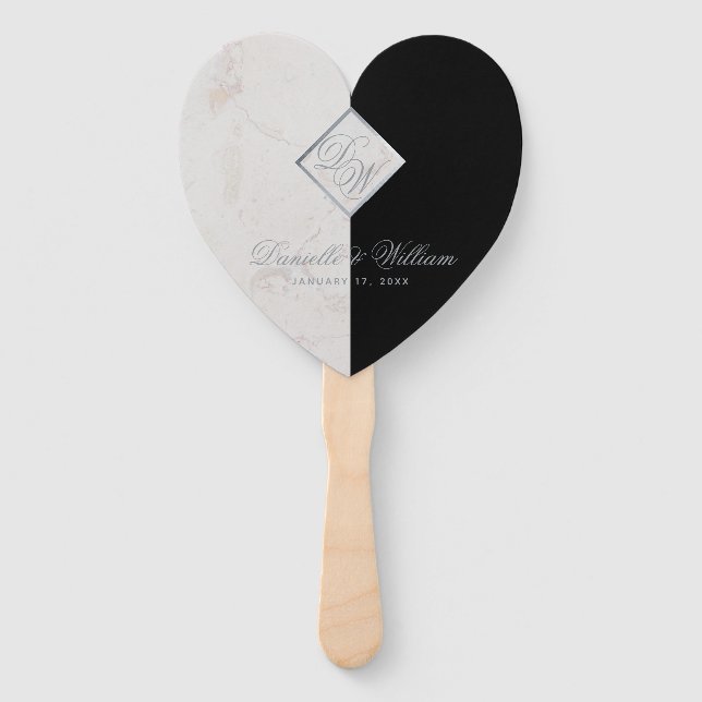 Black White Marble Grey Monogram Wedding Program Hand Fan (Front)