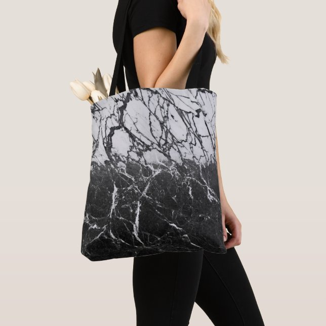Black & White Marble Modern Glam Trendy Tote Bag (Close Up)