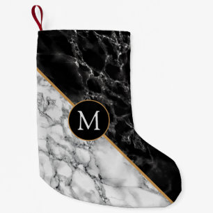 Black White Marble Monogram Christmas Stocking