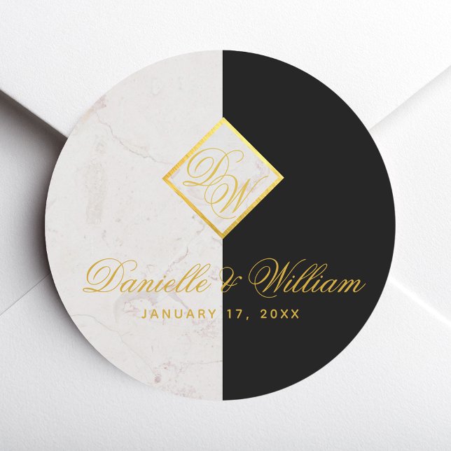 Black White Marble Monogram Gold Elegant Wedding Classic Round Sticker (Creator Uploaded)