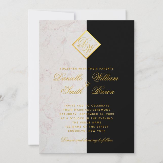 Black White Marble Monogram Gold Elegant Wedding Invitation (Front)