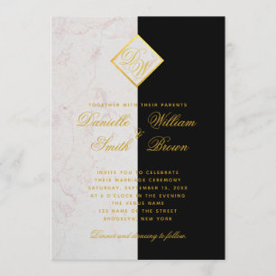 Black White Marble Monogram Gold Elegant Wedding Invitation