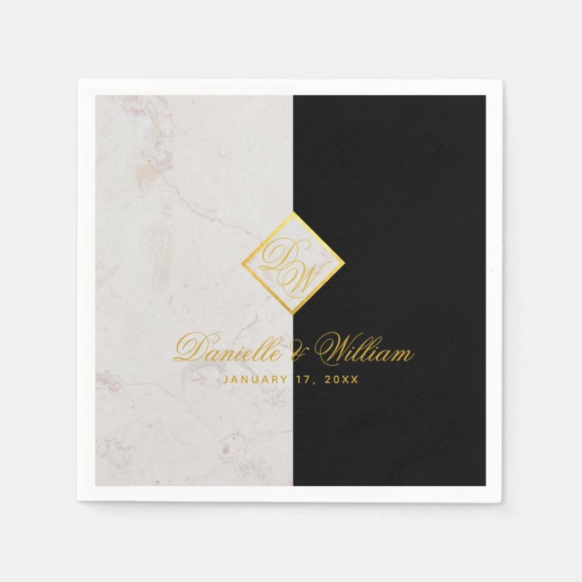 Black White Marble Monogram Gold Elegant Wedding Napkin (Front)