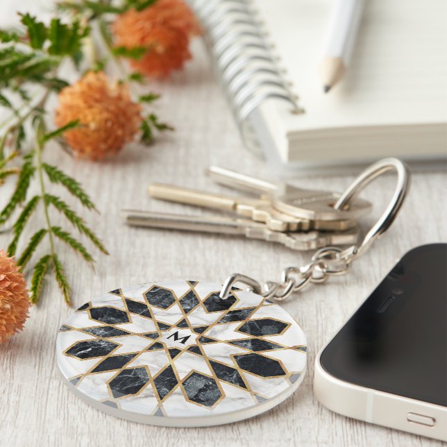 Black & White Marble Moroccan Mosaic Monogram Key Ring (Front Right)