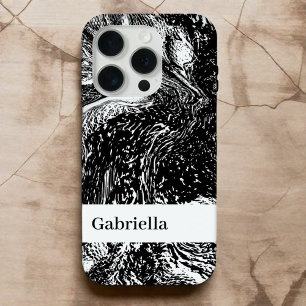 Black white marble name monogram line art modern iPhone 15 pro case