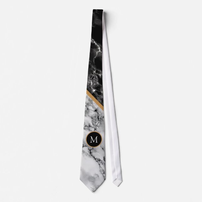 Black White Marble Neck Tie with Custom Letter (Front)