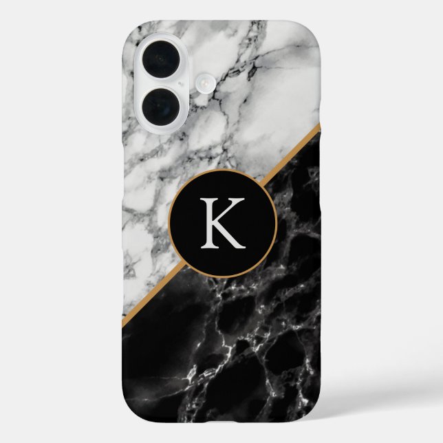 Black White Marble Personalised Letter iPhone Case (Back)