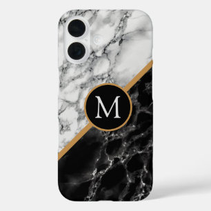 Black White Marble Personalised Letter Monogram iPhone 16 Case