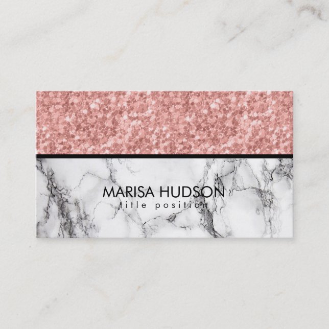 Black White Marble Pink Rose Glitter Business Card (Front)
