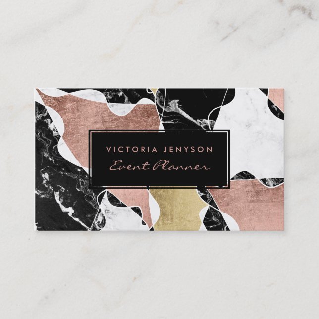 Black white marble rose gold block event planner business card (Front)