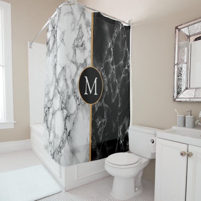 Black White Marble Shower Curtain Custom Letter (In Situ)