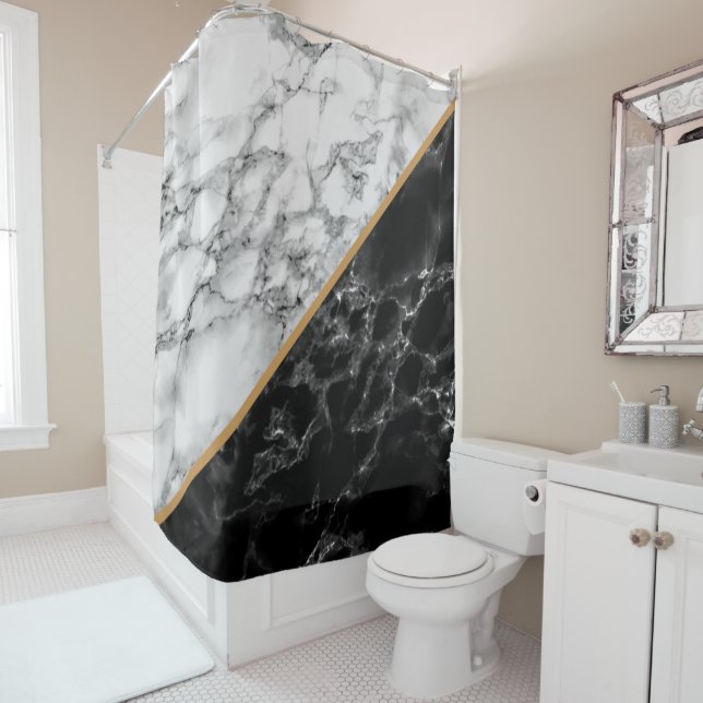 Black White Marble Shower Curtain - Modern Design (In Situ)