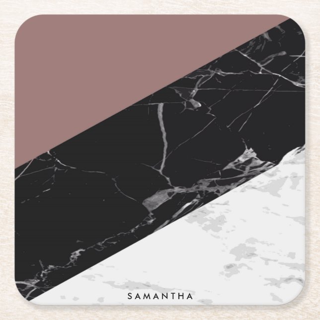 Black & White Marble Square Paper Coaster (Front)