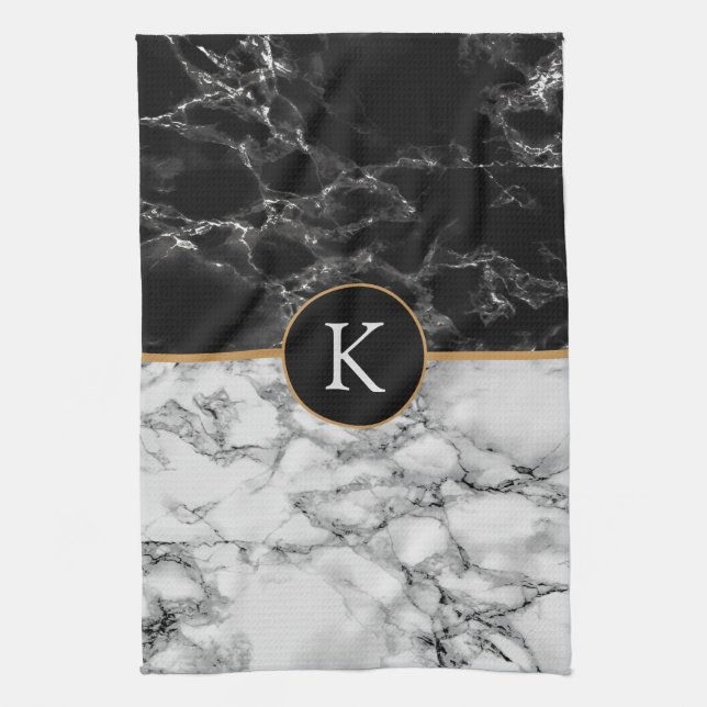 Black & White Marble Stone - Add Your Letter/More Tea Towel (Vertical)