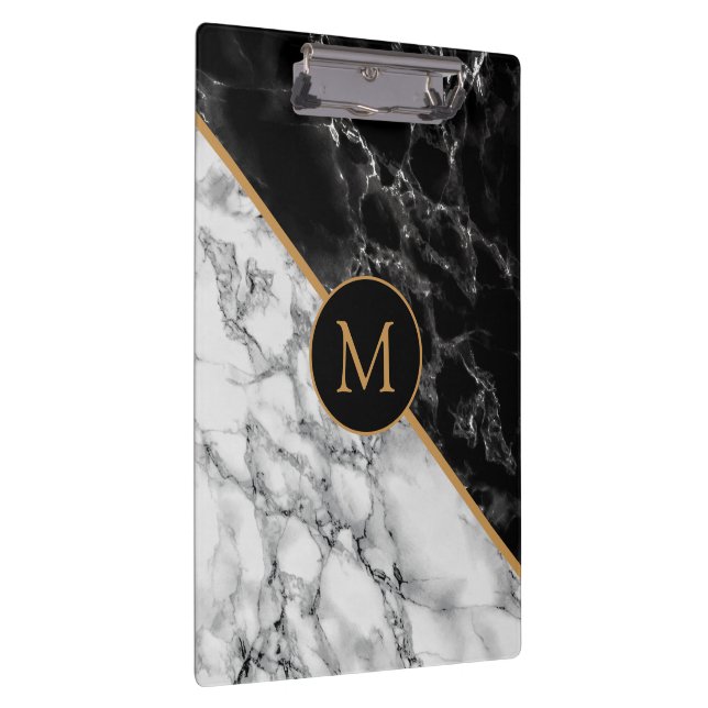 Black White Marble Stone Modern Monogram Clipboard (Right)