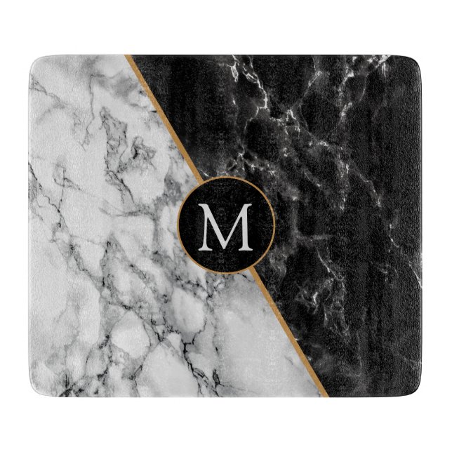 Black & White Marble Stone - Your Letter / Age - Cutting Board (Front)