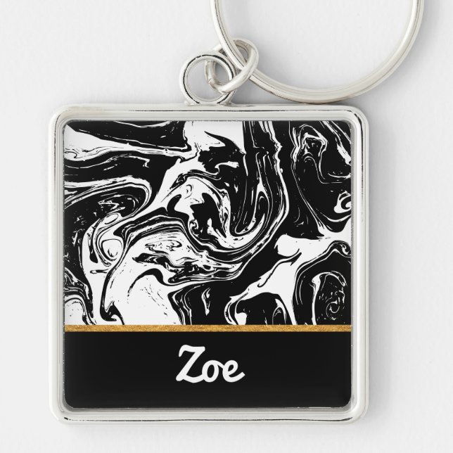 Black & White Marble Style Button Keychain (Front)