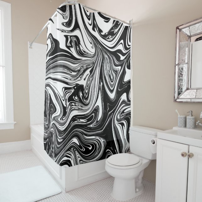 Black White Marble Swirl Elegant Chic Trendy Shower Curtain (In Situ)
