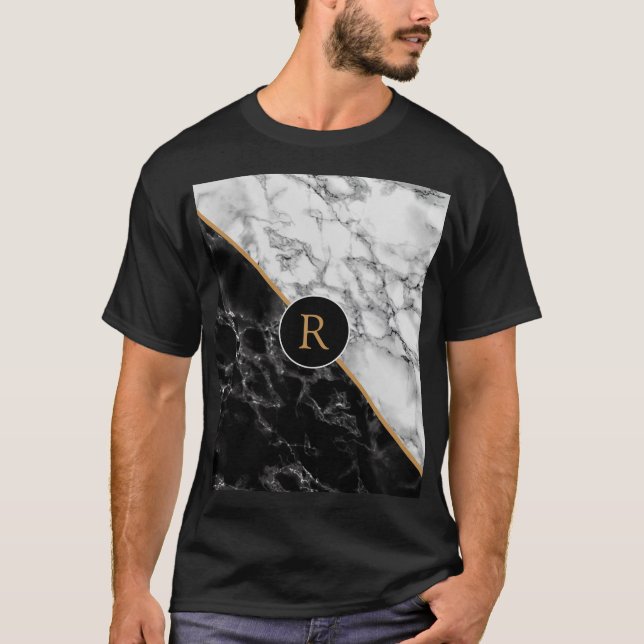Black White Marble T-Shirt with Your Letter (Front)