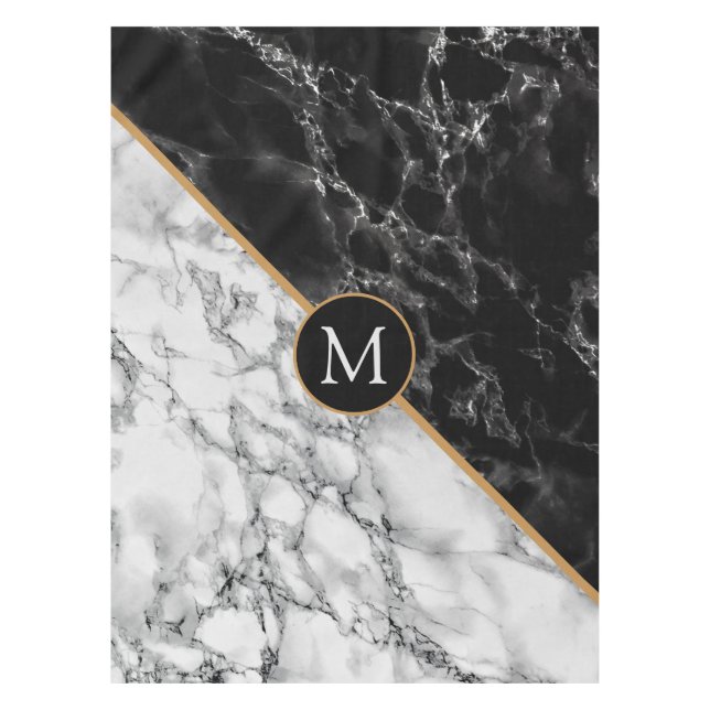 Black White Marble Tablecloth with Custom Letter (Front)