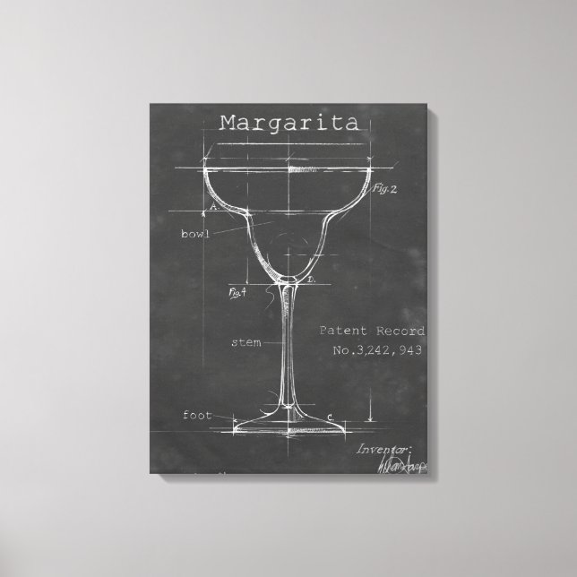 Black & White Margarita Glass Blueprint Canvas Print (Front)