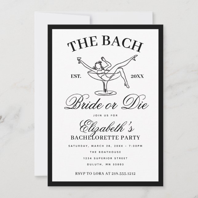 Black White Martini Bride or Die Bachelorette Invitation (Front)