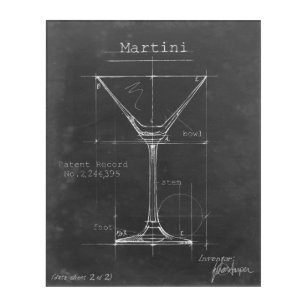 Black & White Martini Glass Blueprint Acrylic Print