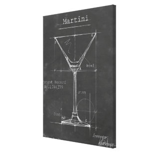 Black & White Martini Glass Blueprint Canvas Print