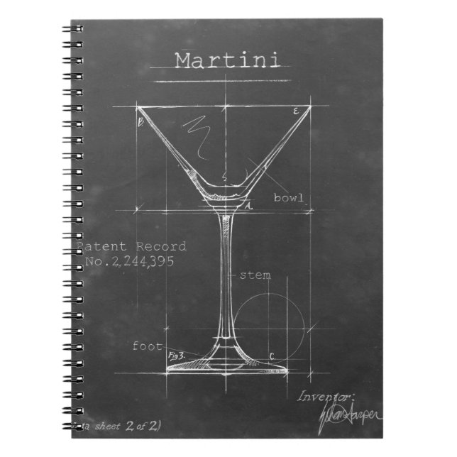 Black & White Martini Glass Blueprint Spiral Notebook (Front)