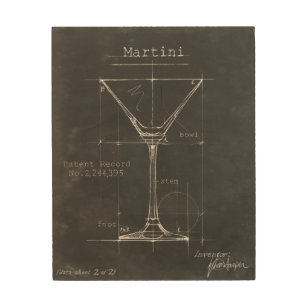 Black & White Martini Glass Blueprint Wood Wall Art