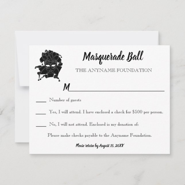 Black & White Masquerade Ball Fundraiser Gala RSVP Invitation (Front)