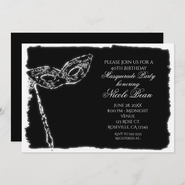 Black & White Masquerade Elegant Party Invitation (Front/Back)
