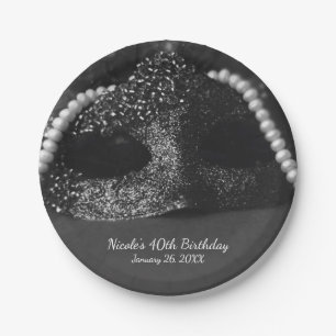 Black & White Masquerade Mask & Pearls Party Paper Plate
