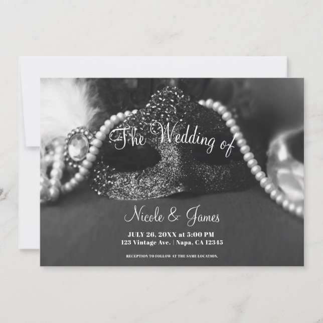 Black & White Masquerade Mask Pearls Wedding Invitation (Front)