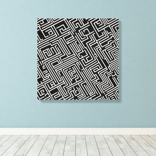 Black & White Maze Geometry – Minimalist Abstract Canvas Print (Insitu(Wood Floor))