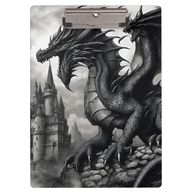 Black-White Mediaeval Gothic Dragon Clipboard (Front)