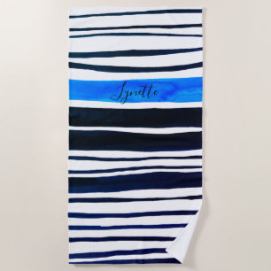 Black, white, mediterranean blue painted stripes  beach towel