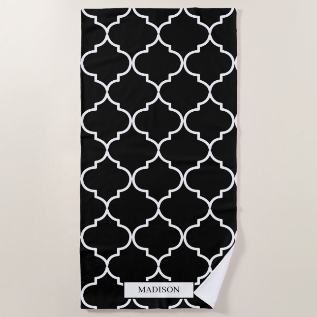 Black & White Mediterranean Moroccan Pattern Beach Towel (Front)