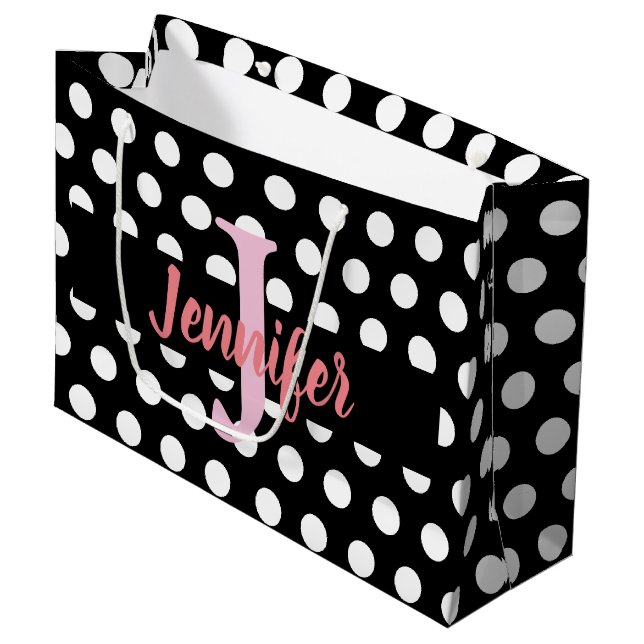 Black & White Medium Polka Dot Custom Name Large Gift Bag (Front Angled)