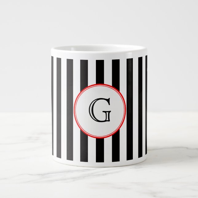 Black White Medium Stripe Red White Monogram Label Large Coffee Mug (Front)