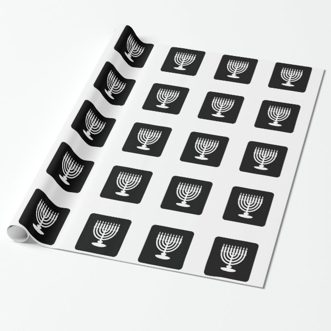 Black & White Menorah Hanukkah Wrapping Paper (Unrolled)