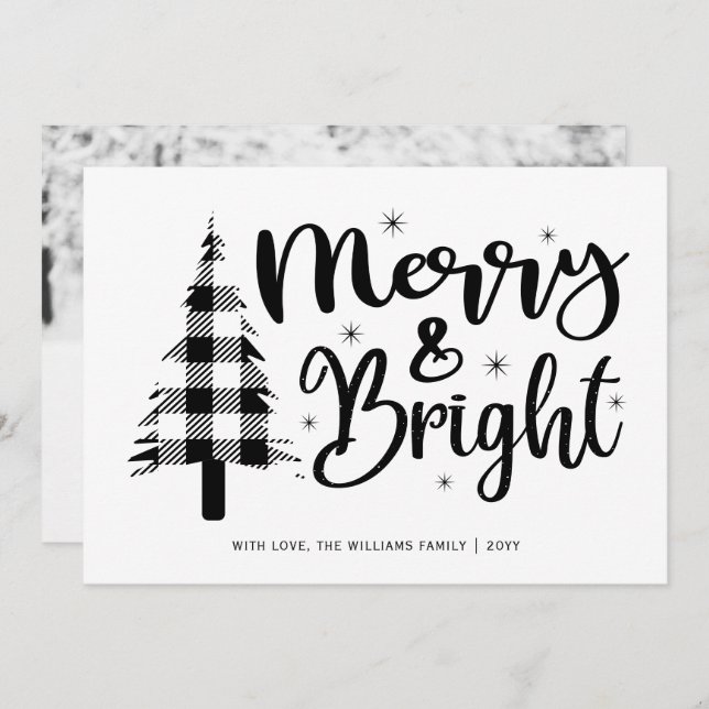 Black White Merry and Bright Photo Holiday Card (Front/Back)