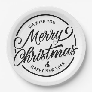 Black White Merry Christmas Calligraphy Script Paper Plate
